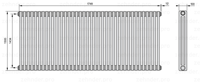 Схема (чертеж) Радиатор Zehnder Charleston 3150/38 №1270 Белый глянцевый RAL 9016
